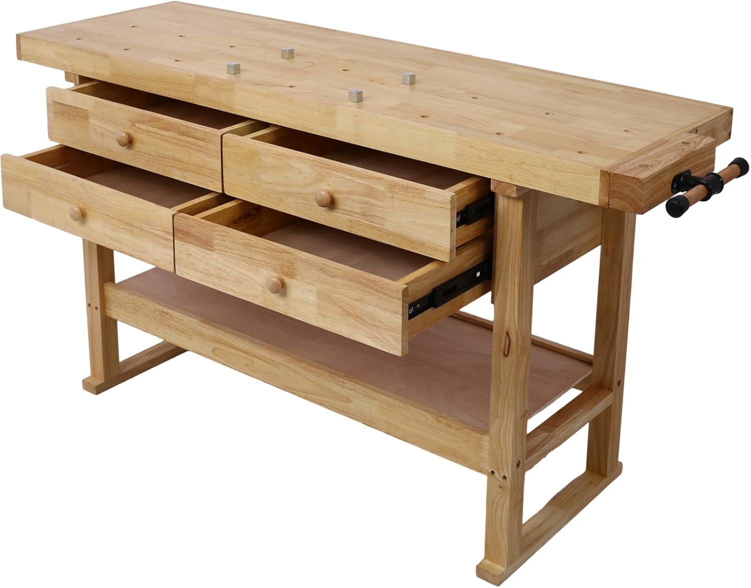 60" Solid Wood Workbench with 4 Drawers and Lower Shelf, Durable Rubberwood Wooden Workbench for Garage, Woodworking Carpenter Workshop and Home Natural Finish 330 lbs Capacity