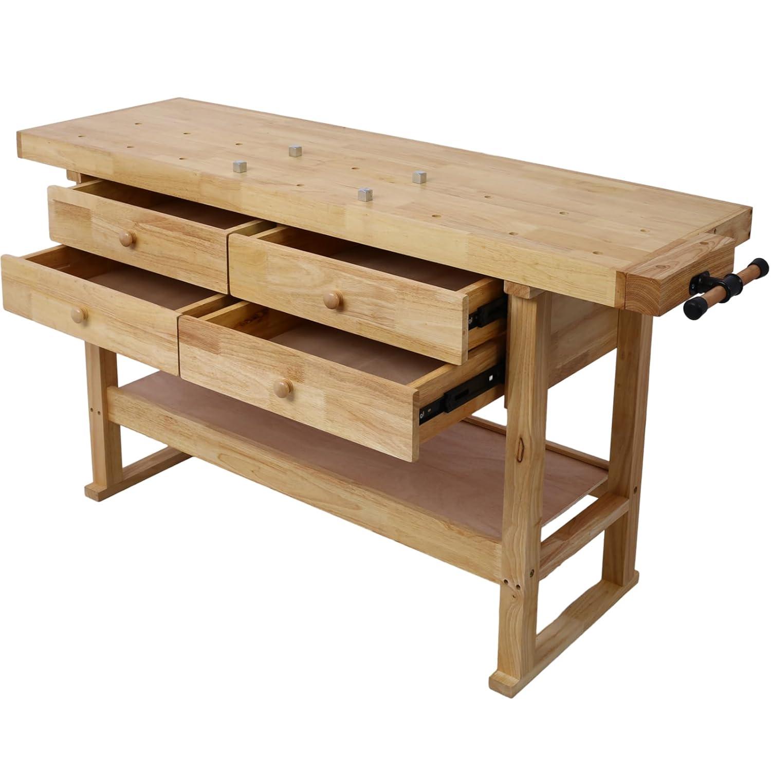 60" Solid Wood Workbench with 4 Drawers and Lower Shelf, Durable Rubberwood Wooden Workbench for Garage, Woodworking Carpenter Workshop and Home Natural Finish 330 lbs Capacity