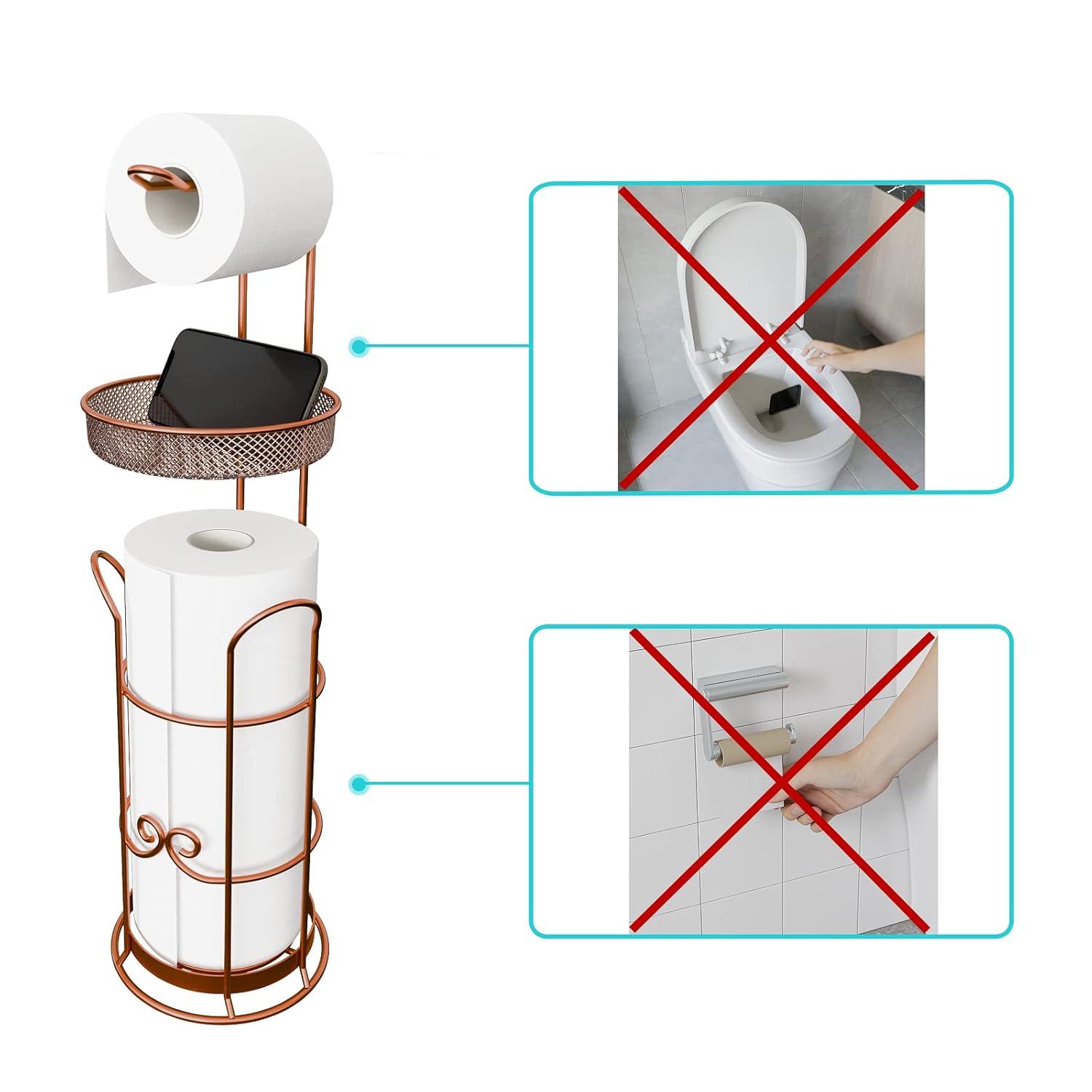 Toilet Paper Holder Stand with Shelf, Freestanding Toilet Tissue Roll Holder with Dispenser for Bathroom Storage Holds 4 Rolls - Brown