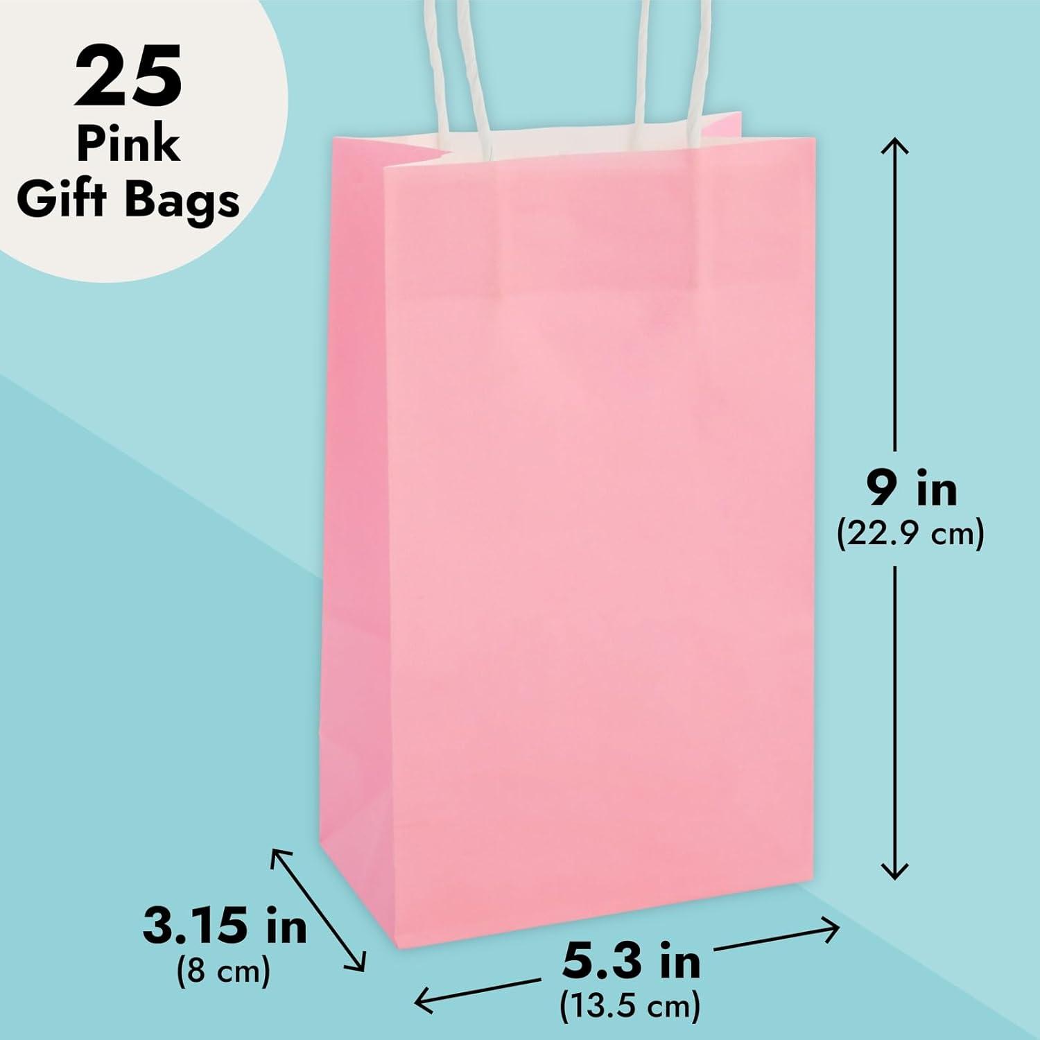 Blue Panda 25-Pack Pink Gift Bags with Handles - Small Paper Treat Bags for Birthday, Wedding, Retail (5.3x3.2x9 In)