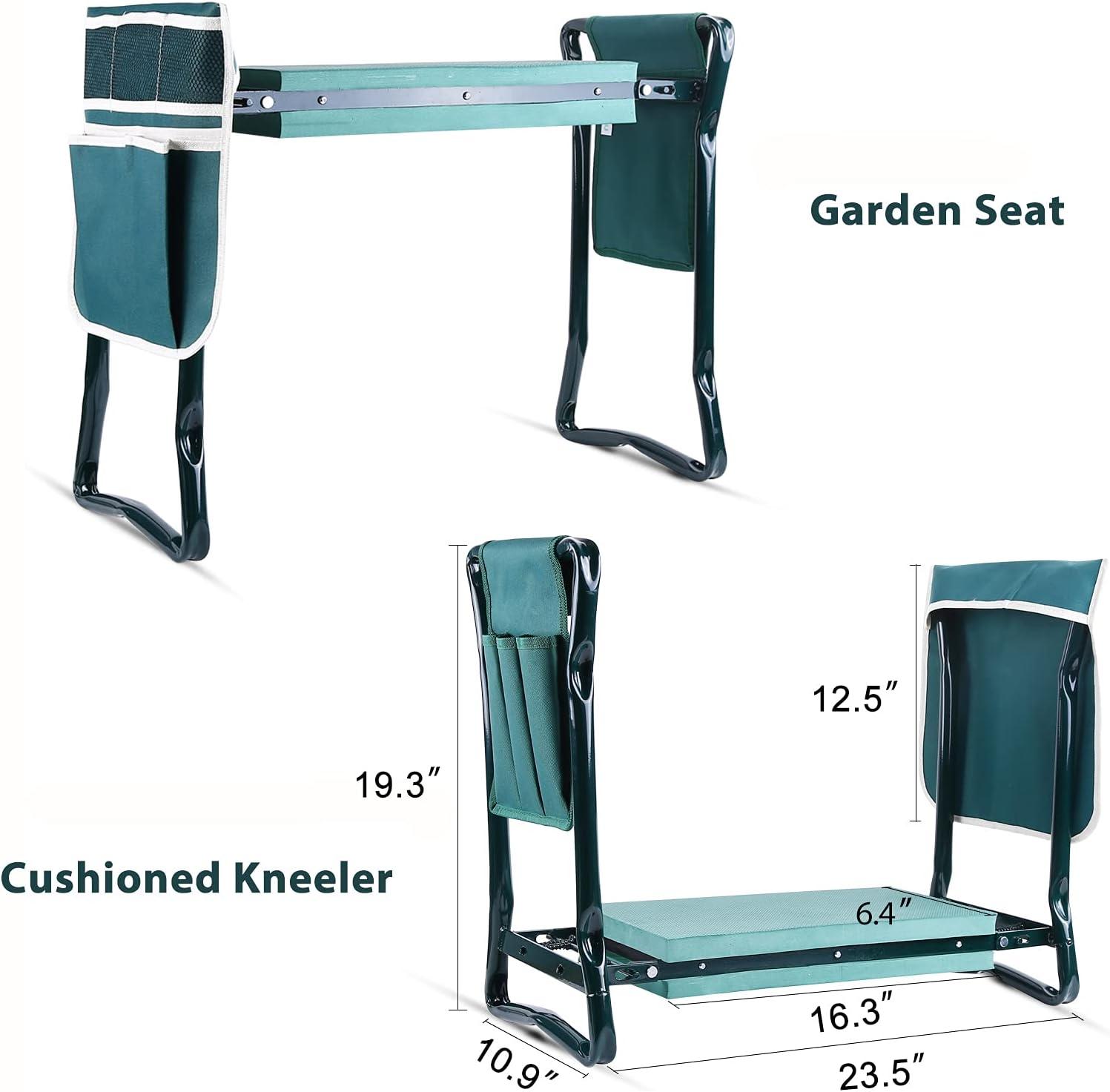 Foldable Green Steel Garden Kneeler and Seat with Tool Pouches