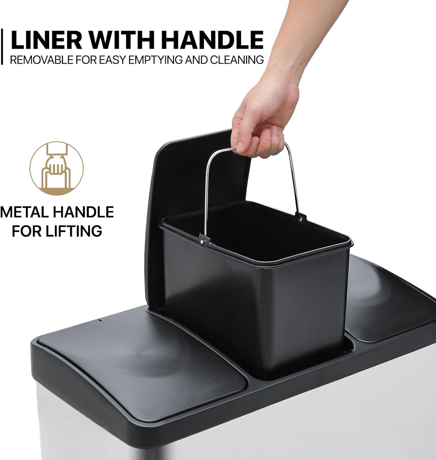 MoNiBloom 12 Gallon Trash Can with 3 Compartments, Step On Garbage Can with Soft-Close Lids and Inner Buckets