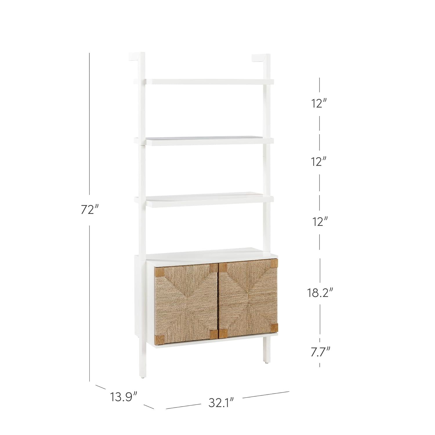 Warm White Solid Wood Bookcase with Adjustable Seagrass Cabinets