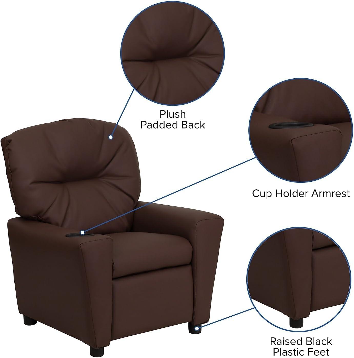 Cozy Brown LeatherSoft Kids Recliner with Built-in Cup Holder