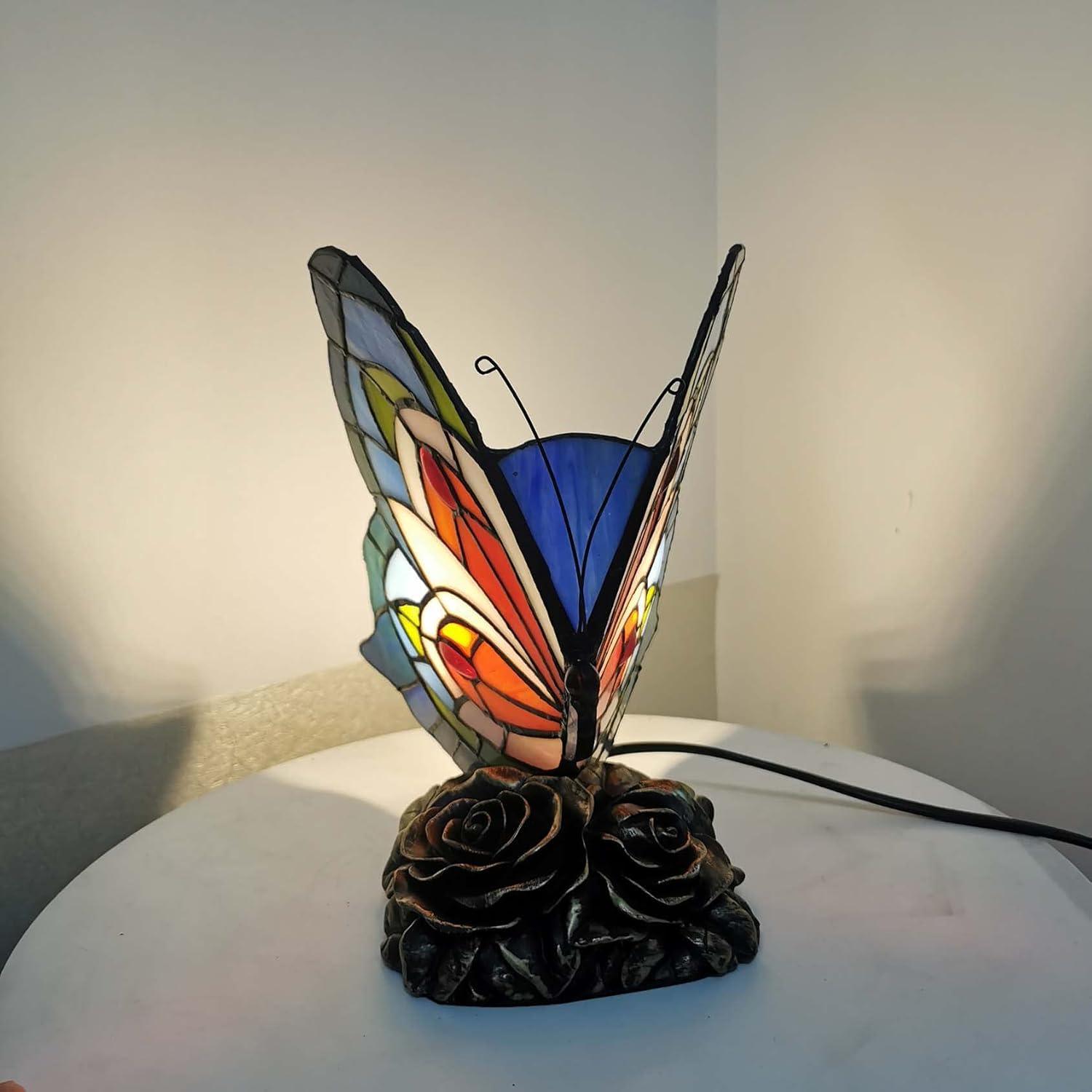 Home Tiffany Style Butterfly Lamp-Stained Glass Table or Desk Light LED Bulb Included-Vintage Look Colorful Accent Decor by Lavish (Rounded Wings)