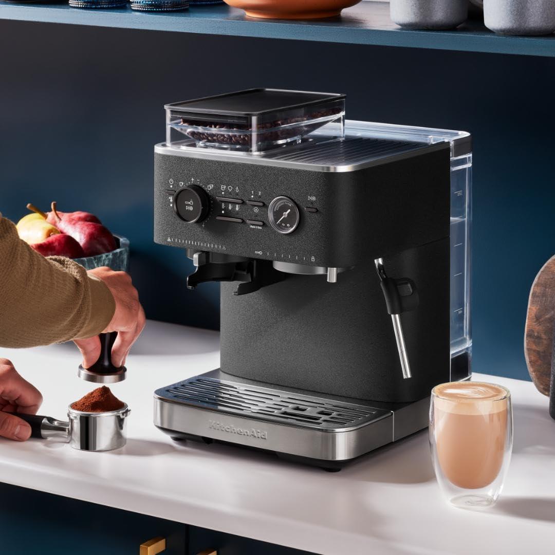 Black Semi Automatic Espresso Machine with Burr Grinder and Steam Wand