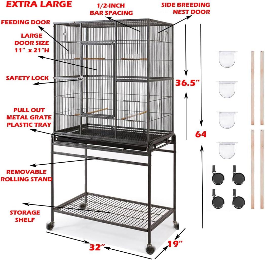 64" White Wrought Iron Bird Flight Cage with Rolling Stand