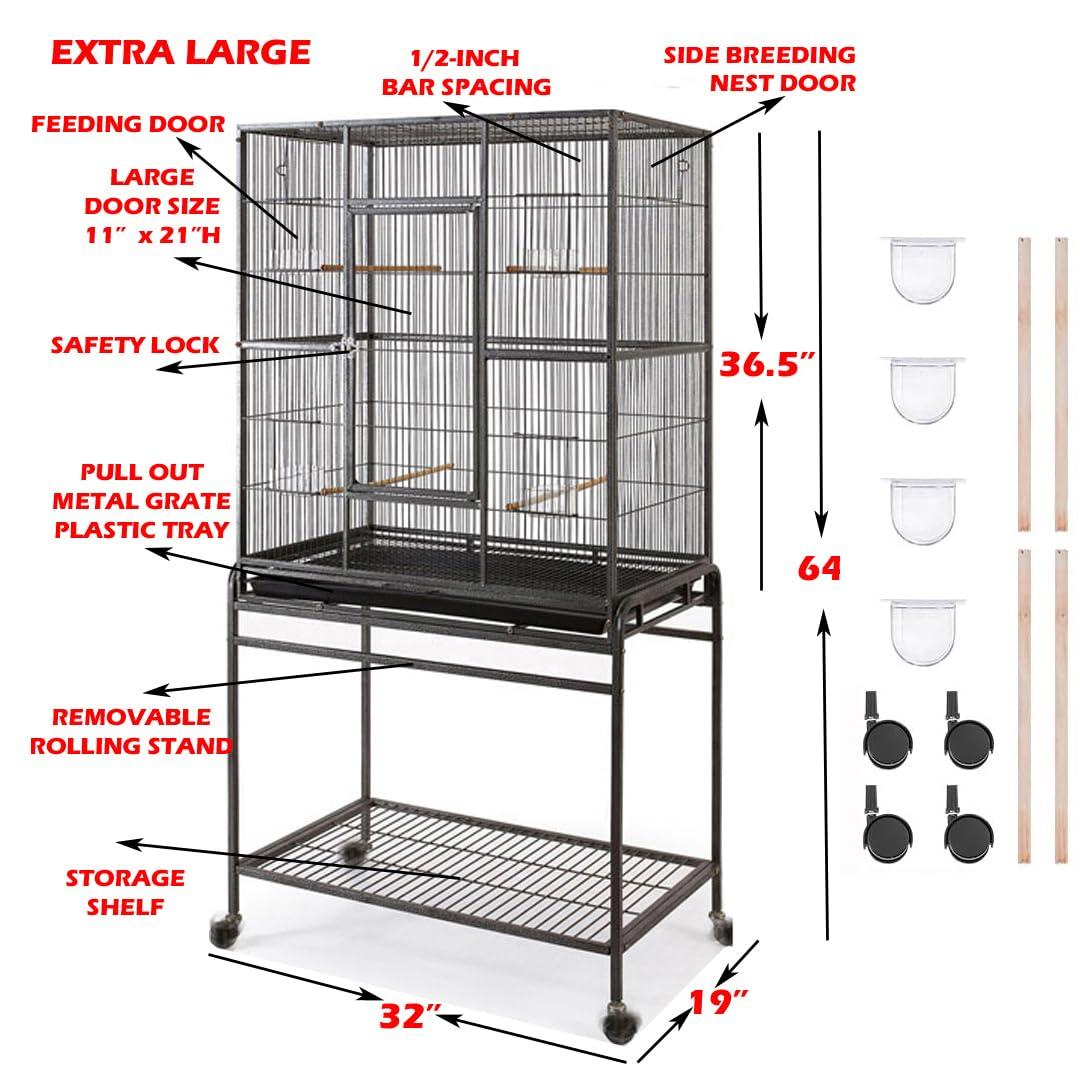 Pet Product 64" Extra Large Wrought Iron Breeding Bird Flight Cage Front Feeder Doors Side Breeding Nest Box Door Easy Clean Pull Out Tray with Removable Rolling Stand