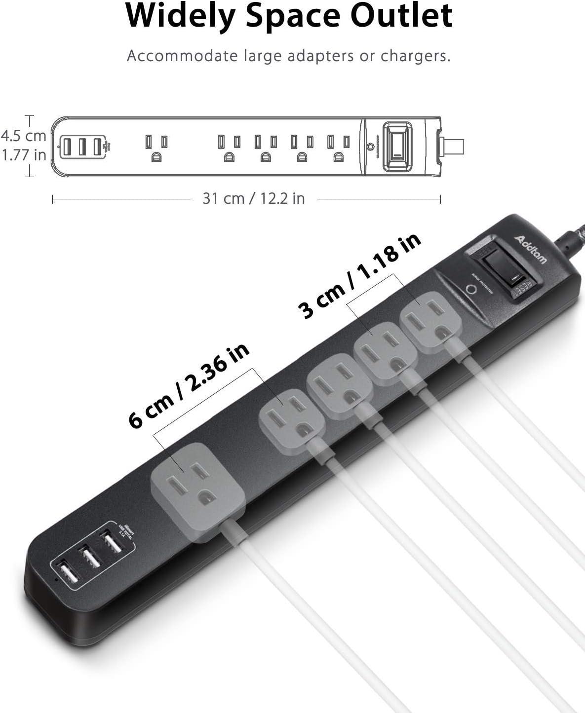 Black 6-Foot 5-Outlet Power Strip with USB Ports, 2-Pack