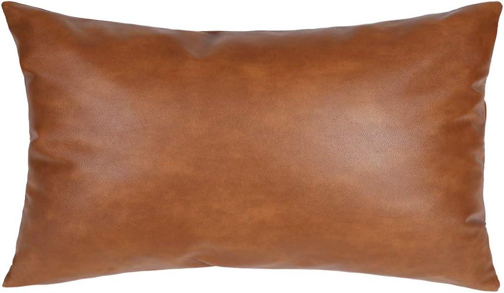 SEEKSEE Faux Leather Lumbar Pillow Cover 12x20 inch, Modern Country Style Decorative Lumbar Pillow for Bedroom Living Room Sofa Brown Accent Pillows.