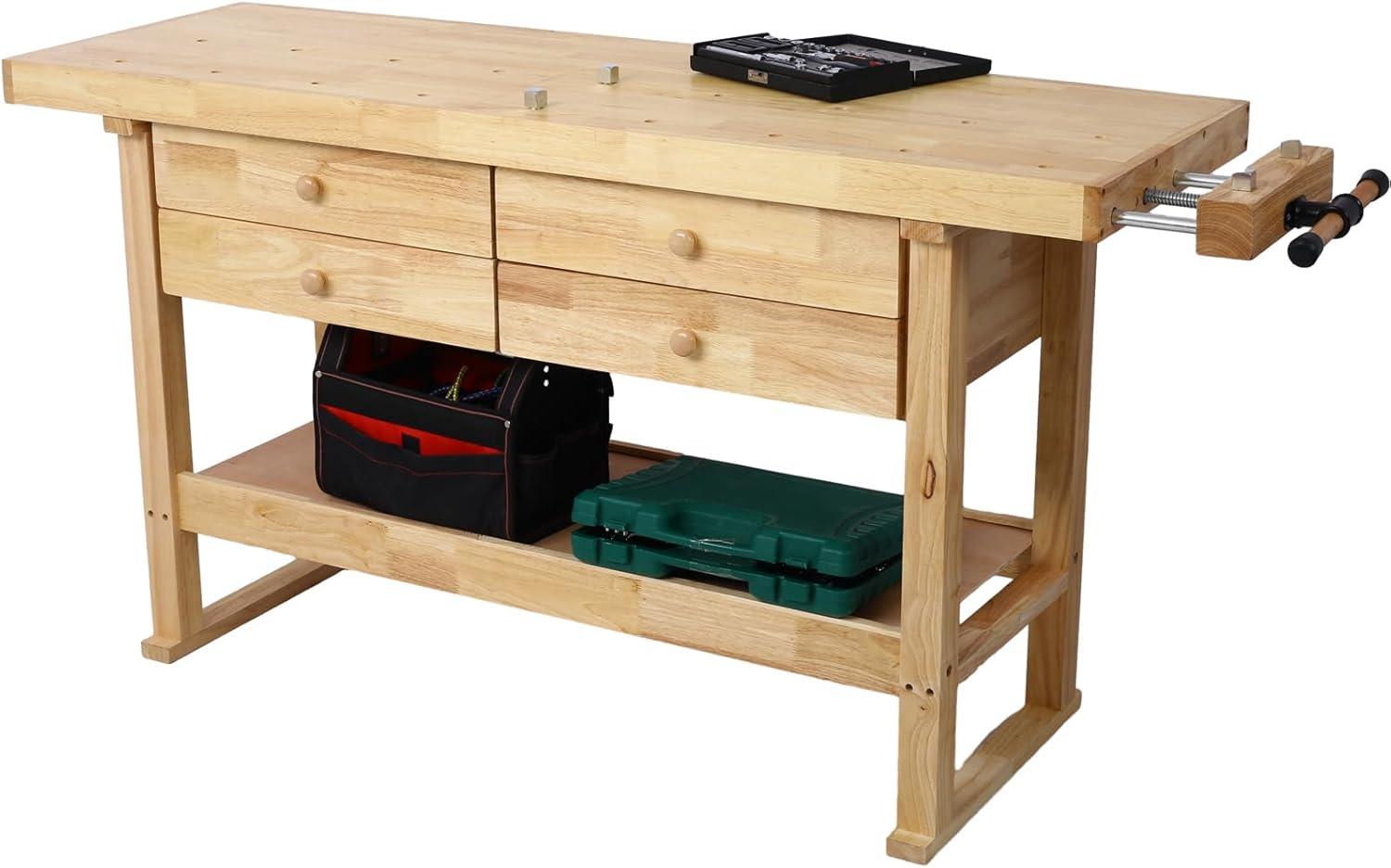 60" Solid Wood Workbench with 4 Drawers and Lower Shelf, Durable Rubberwood Wooden Workbench for Garage, Woodworking Carpenter Workshop and Home Natural Finish 330 lbs Capacity