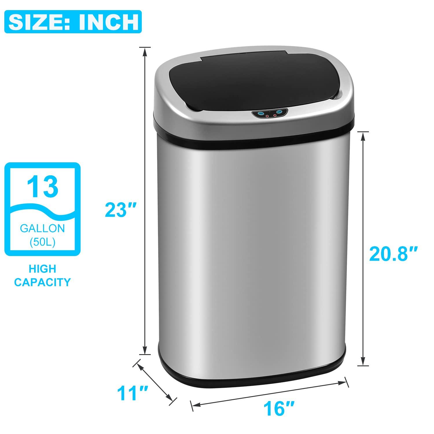 FDW Kitchen Trash Can with Lid, 13 Gallon Automatic Garbage Can for Bathroom Bedroom Home Office 50 Liter Touch Free Stainless Steel Waste Bin,Black