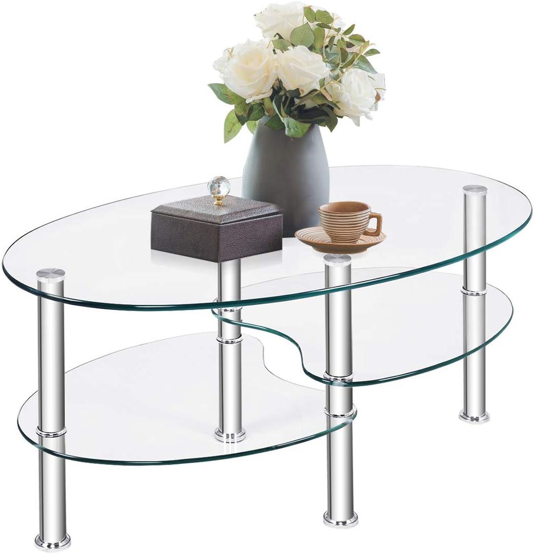 Costway Tempered Glass Oval Side Coffee Table Shelf Chrome Base Living Room Black