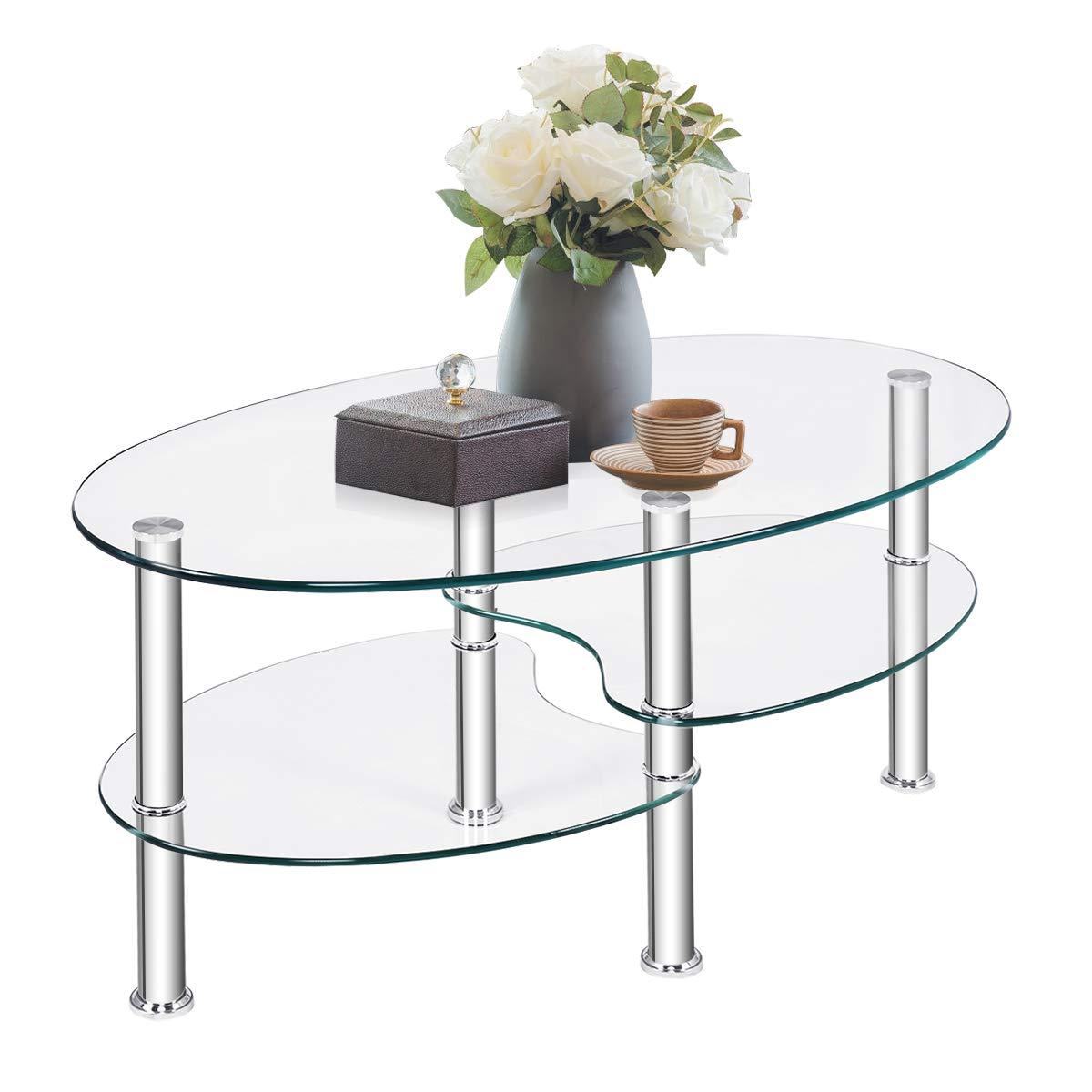 Costway Tempered Glass Oval Side Coffee Table Shelf Chrome Base Living Room Black