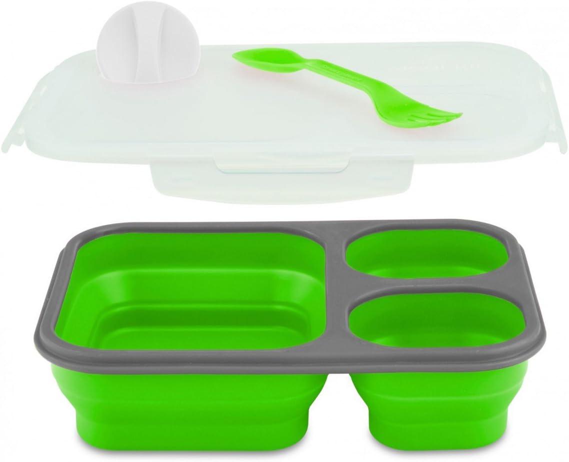 Green Silicone Collapsible 3-Compartment Lunch Box with Spork