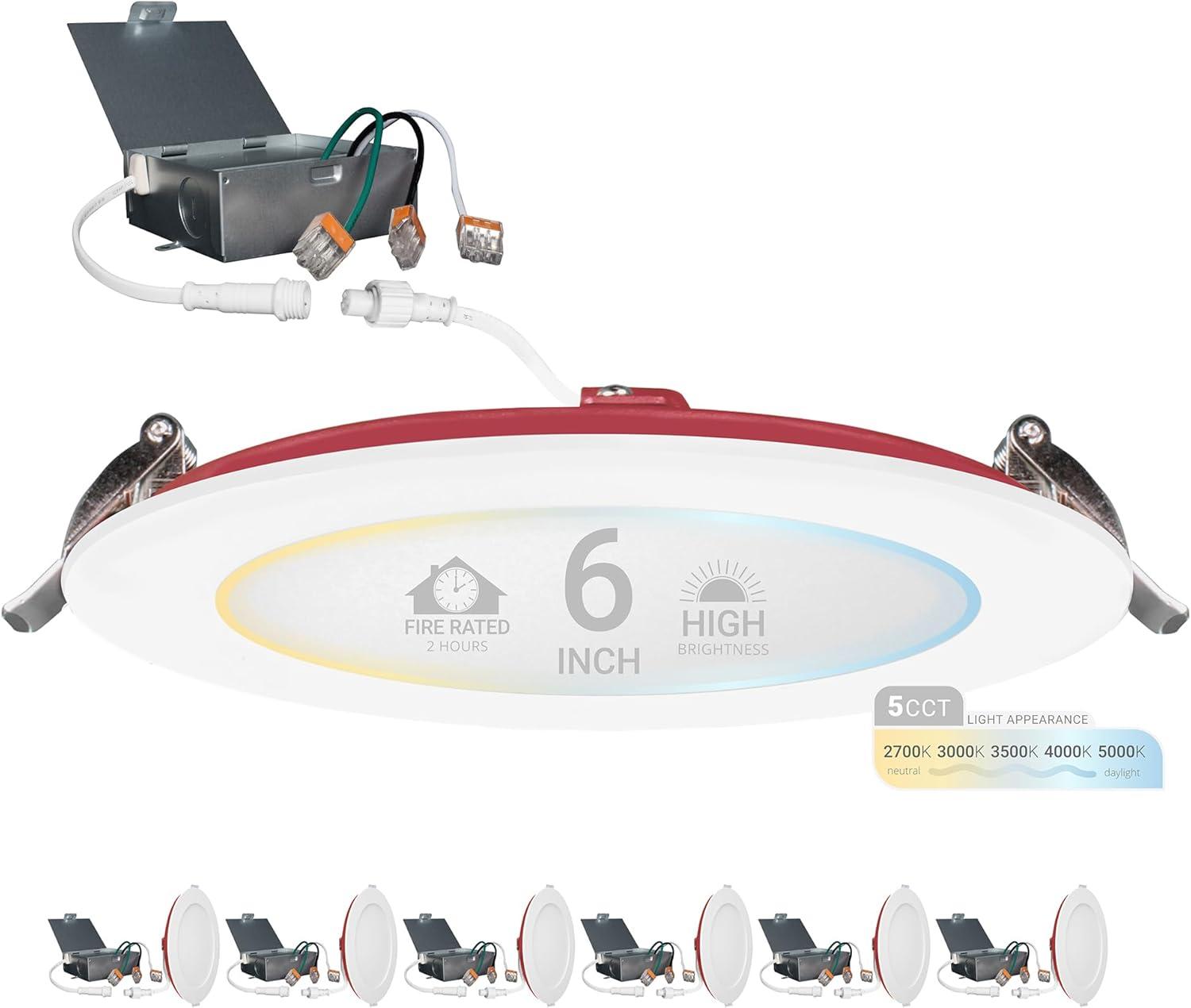 6 in. 2 HOUR Fire Rated Slim Canless LED Recessed Light 15W, 5CCT, 1200LM Dimmable IC Rated 6PK