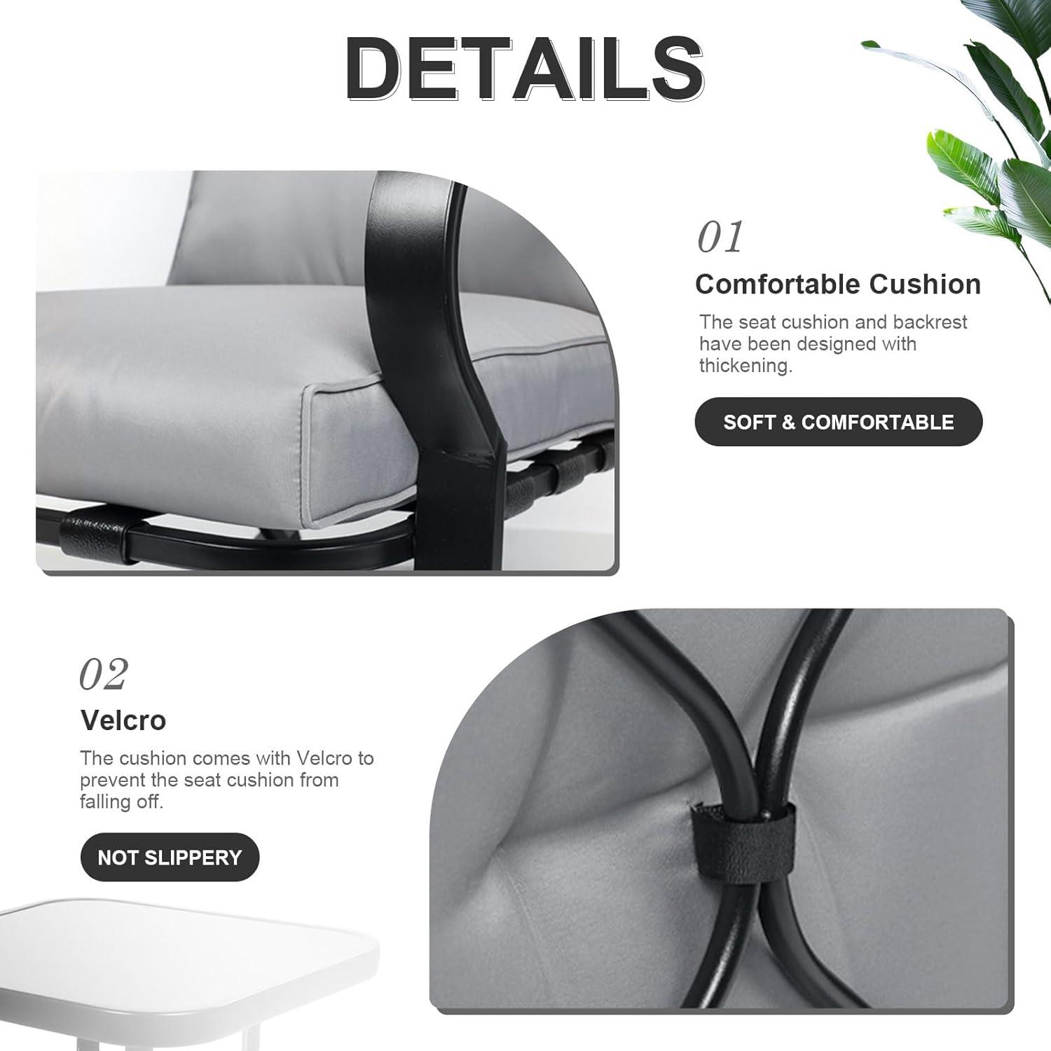 Crownland Outdoor Rocking Chairs Patio Furniture 3 Piece Patio Set Bistro Table Set Black Iron with Thickened Cushions and Glass Coffee Table, Grey