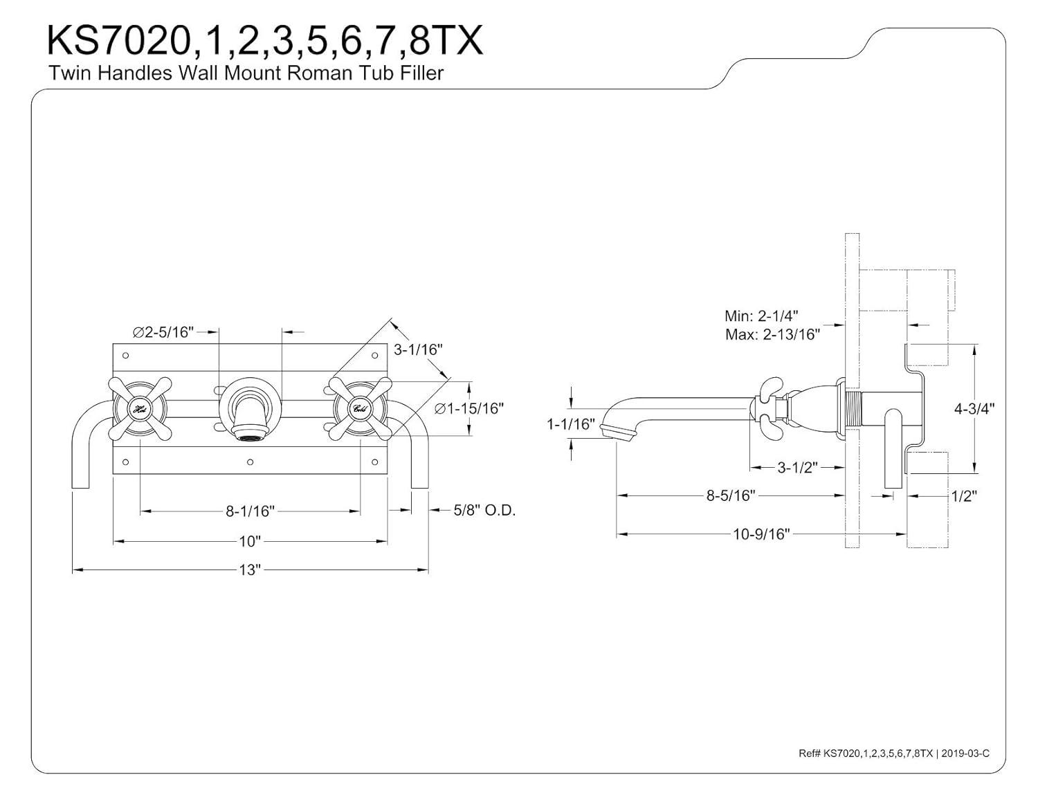 Kingston Brass French Country Two-Handle 3-Hole Wall Mount Roman Tub Faucet