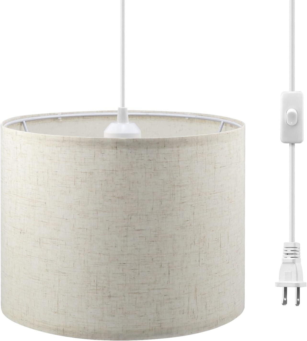 Beige Linen Drum Pendant Light with 15ft Cord and Switch