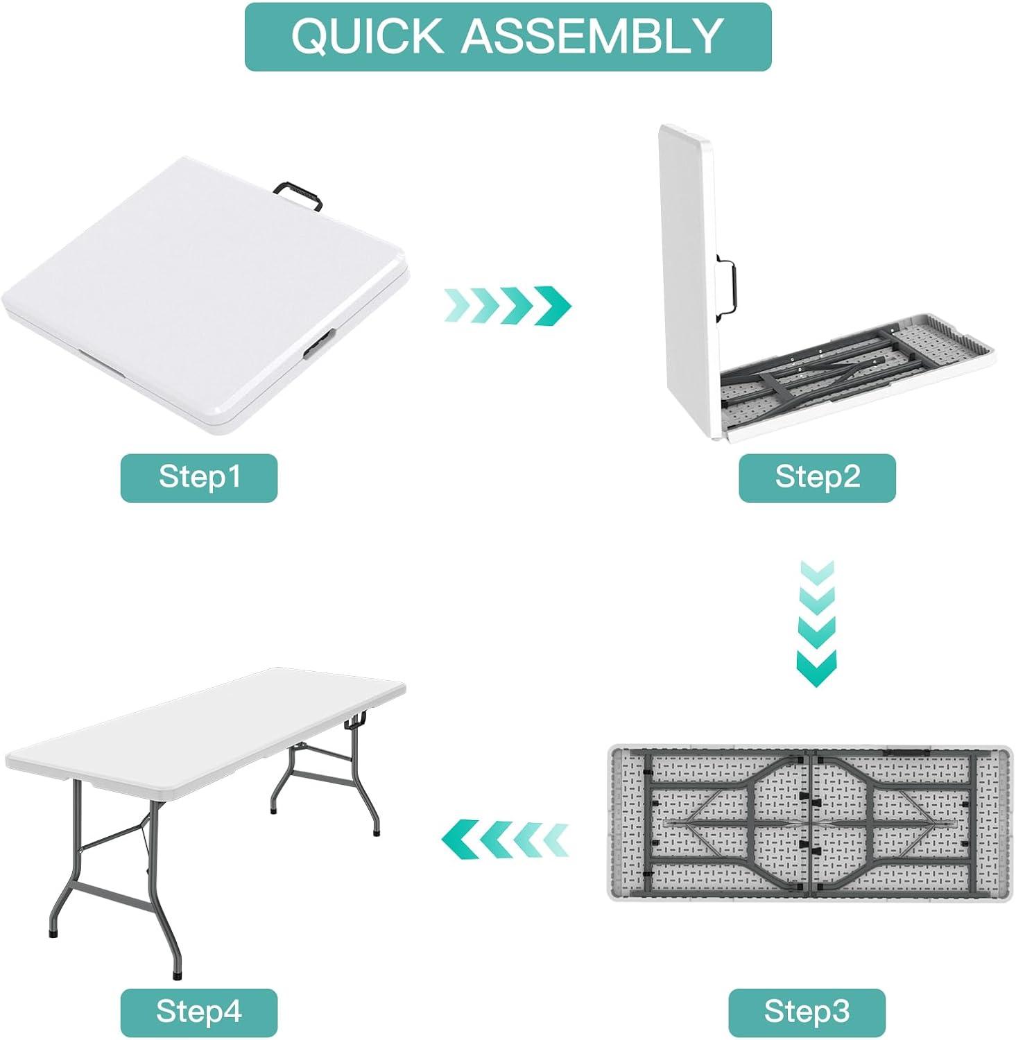 6 Foot Folding Table,White Plastic Folding Table,Built-in Handle,White