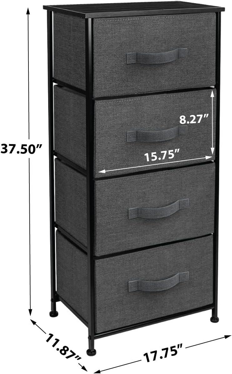 Sorbus 4 Drawers Chest Nightstand - Storage for Closet, Home, College Dorm - Features Steel Frame, Wood Top, & Fabric Bins (Black)