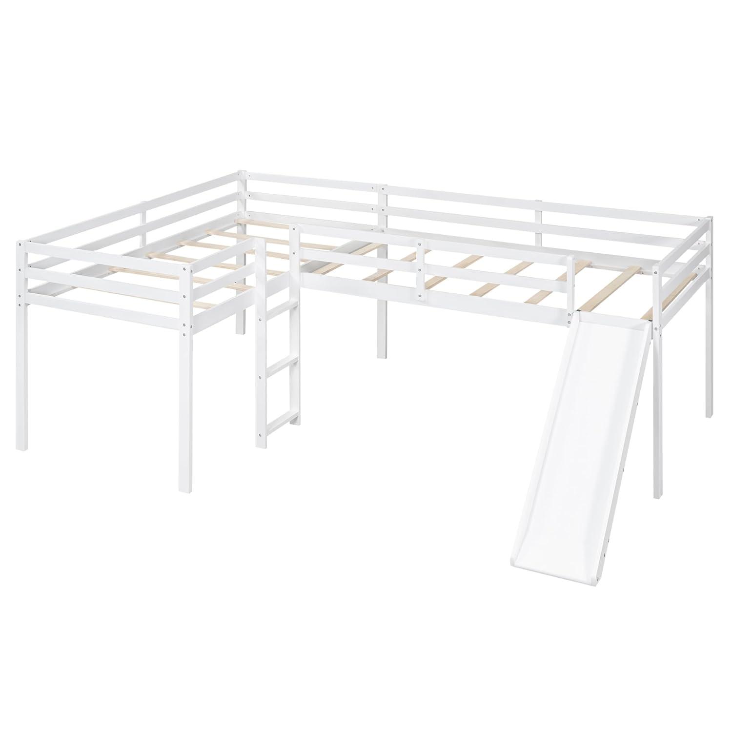Two Loft Bed L Shaped Twin Bunk Bed with Ladders and Slide, Bunk Bed for Family, Kids, Teens, No Box Spring Needed