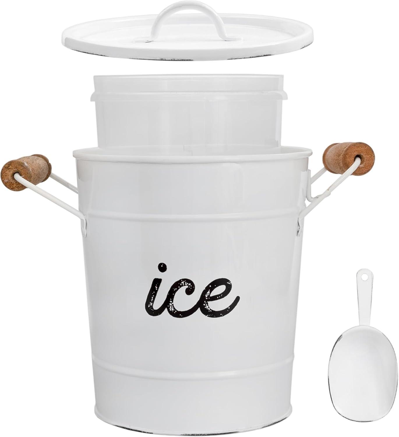 AuldHome Design White Farmhouse Enamelware Ice Bucket; Rustic Style Insulated Ice Server