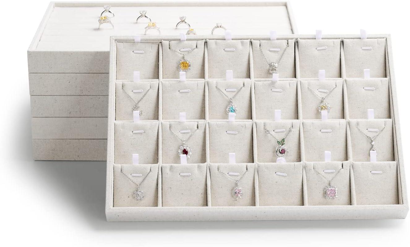 Elegant Beige Linen 24-Compartment Jewelry Tray Organizer