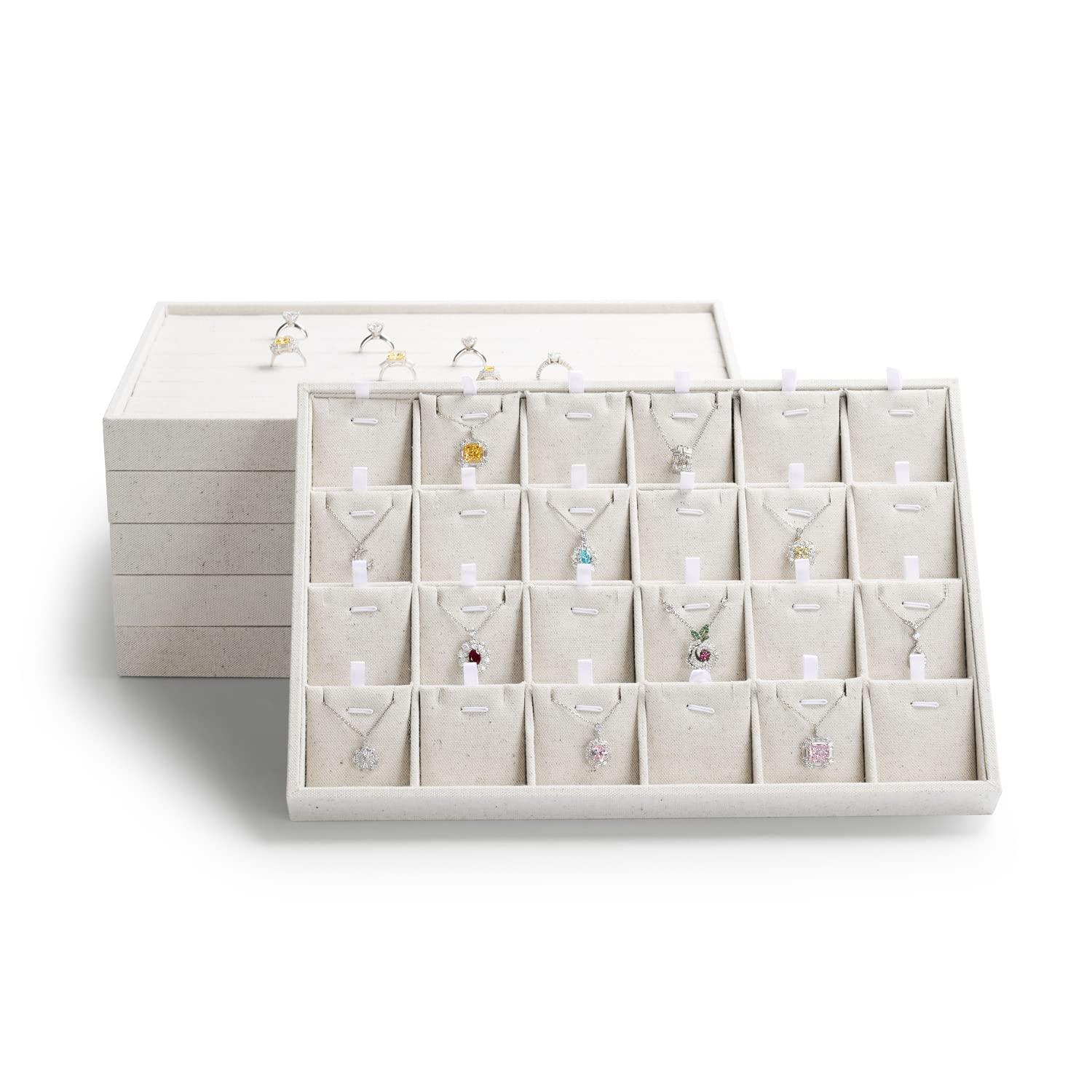 Elegant Beige Linen 24-Compartment Jewelry Tray Organizer
