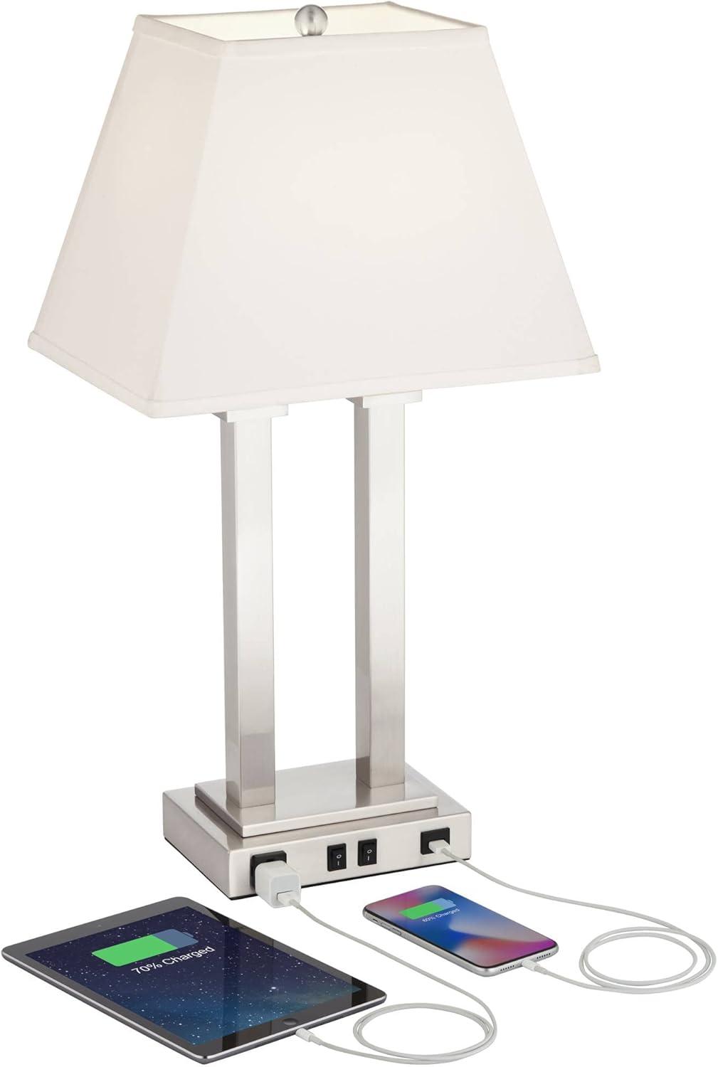 Possini Euro Design Amity Modern Table Lamp 26" High Brushed Nickel with USB and AC Power Outlet in Base White Linen Shade for Bedroom Bedside Desk