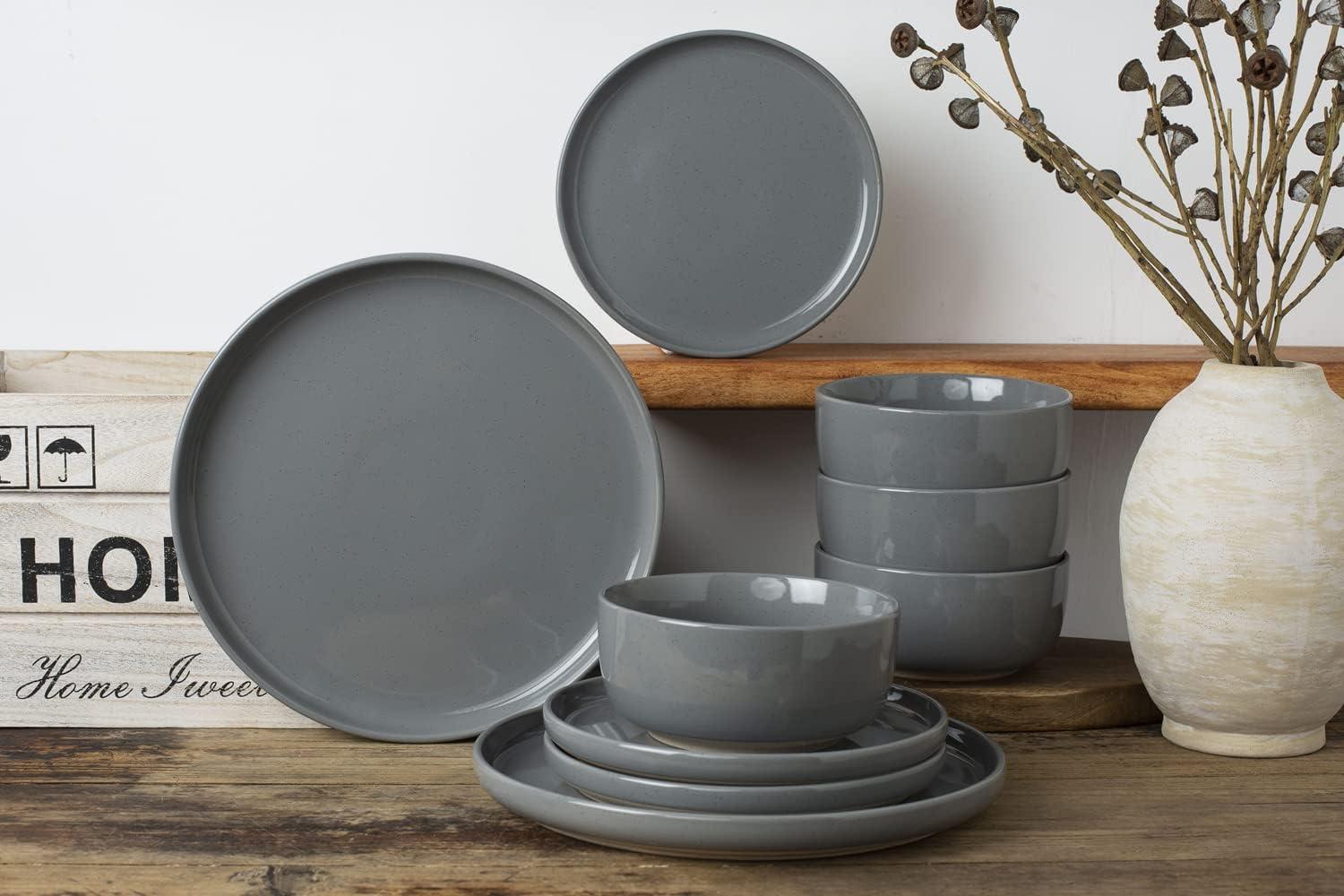 Famiware Plates and Bowls Set, 12 Piece Stoneware Dinnerware Sets, Dark Gray