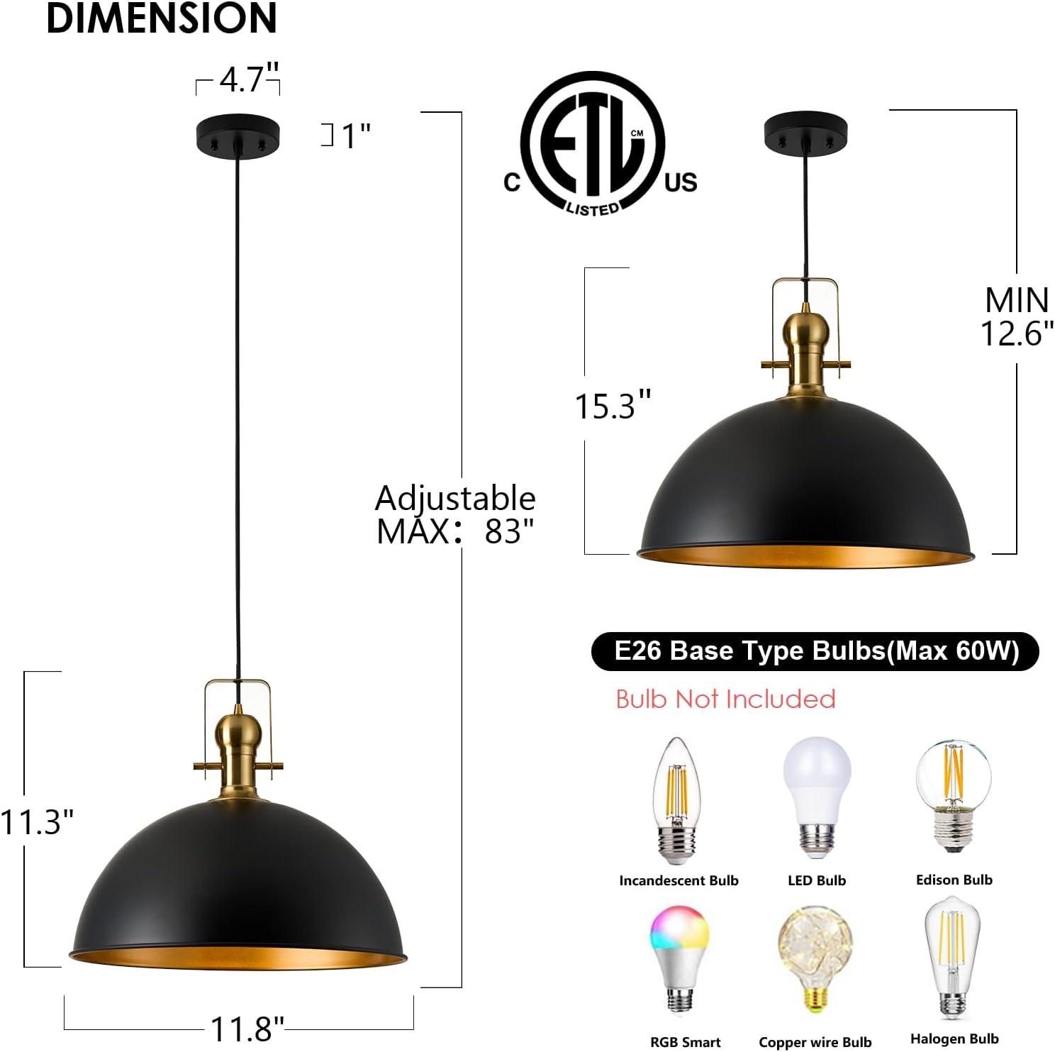 12 In. 1-Light Matte Black Farmhouse Pendant Light, Vintage Hanging Ceiling Lights Fixture For Kitchen Island (2-Pack)