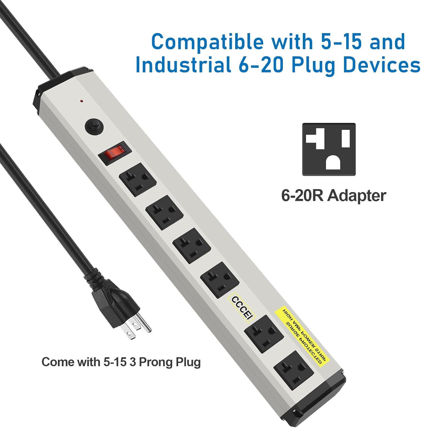 12 Gauge Heavy Duty Power Strip Surge Protector 4800J, 20 Amp 6 Plug Industrial Shop Garage Metal Multiple Outlets, 6 FT Extension Cord 5-15P Adapter High Amp 6-20R T-Slot 20a for Appliance.