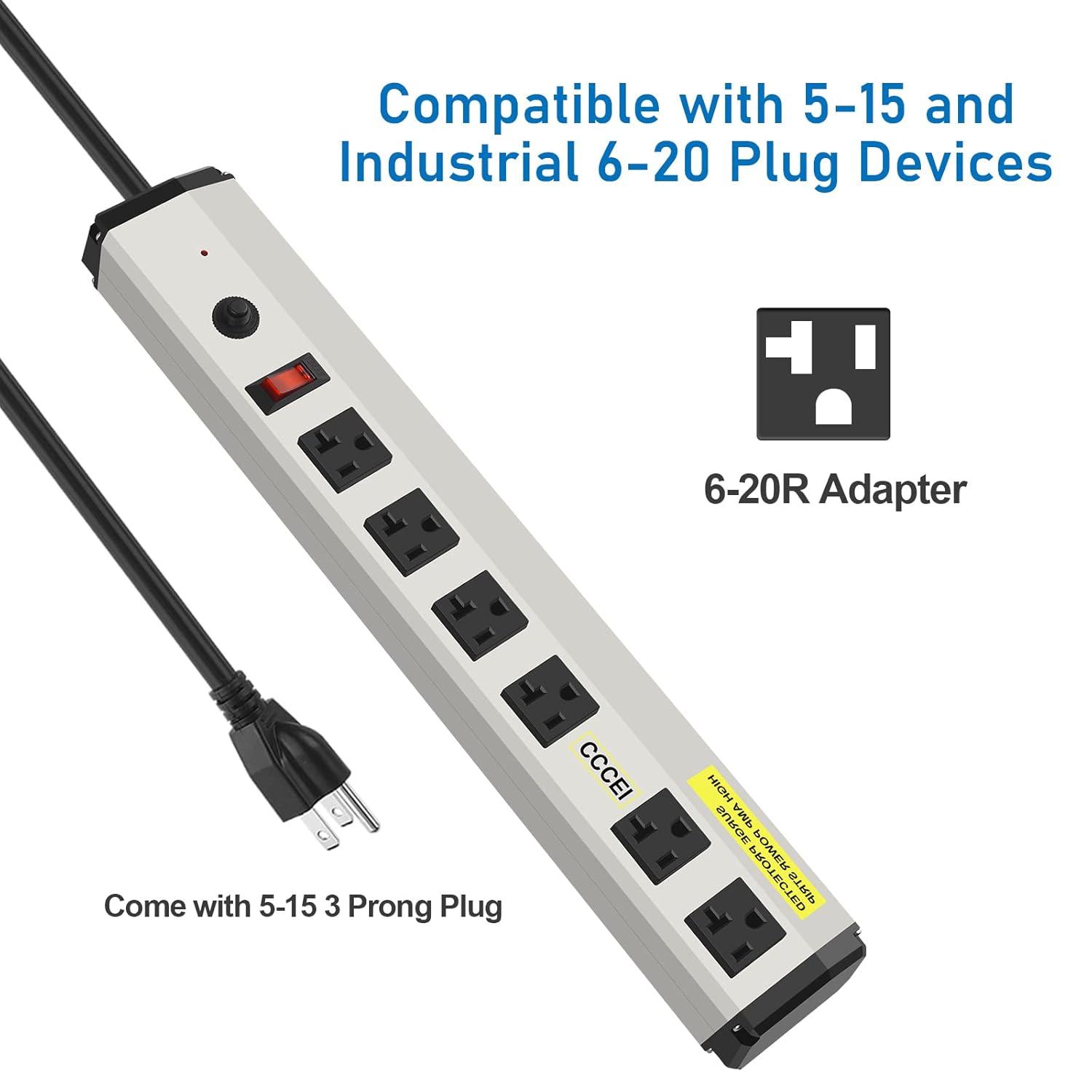 12 Gauge Heavy Duty Power Strip Surge Protector 4800J, 20 Amp 6 Plug Industrial Shop Garage Metal Multiple Outlets, 6 FT Extension Cord 5-15P Adapter High Amp 6-20R T-Slot 20a for Appliance.