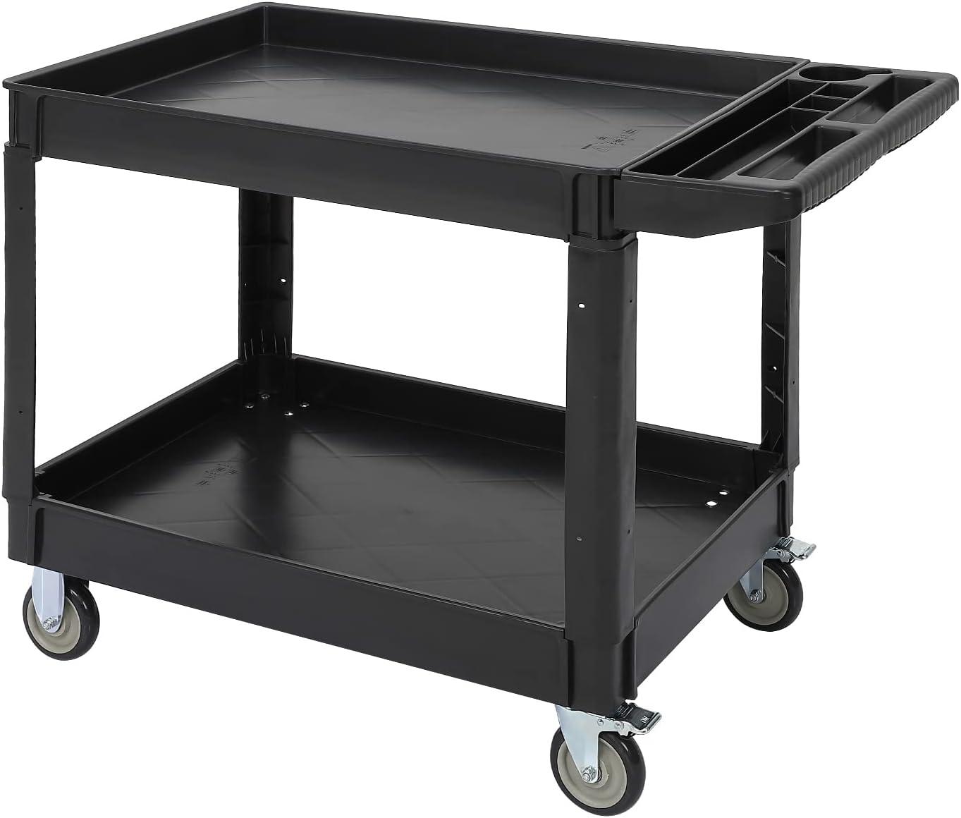 Black 2-Shelf Plastic Service Cart with Swivel Wheels