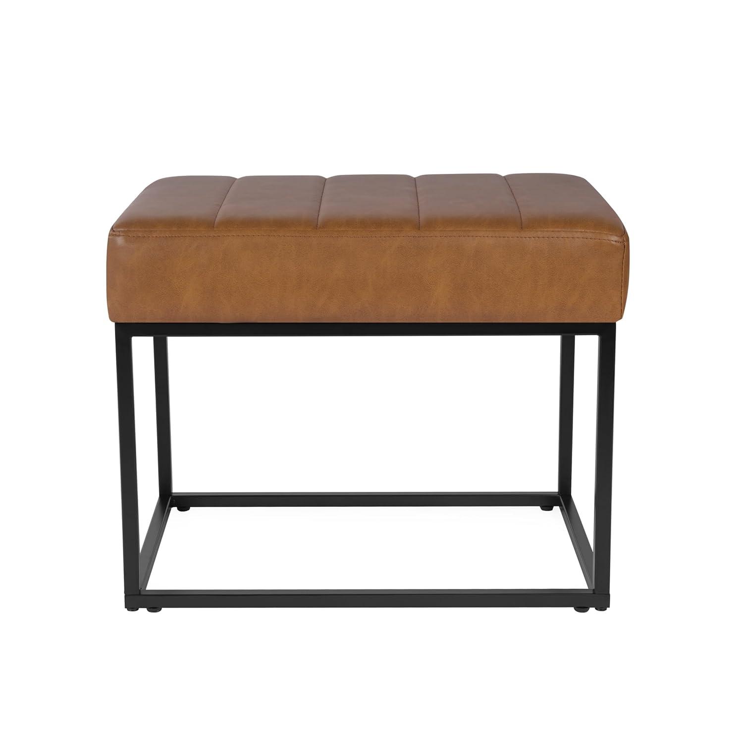 HomePop Theodore Channel Tufted Small Ottoman - Carmel Faux Leather