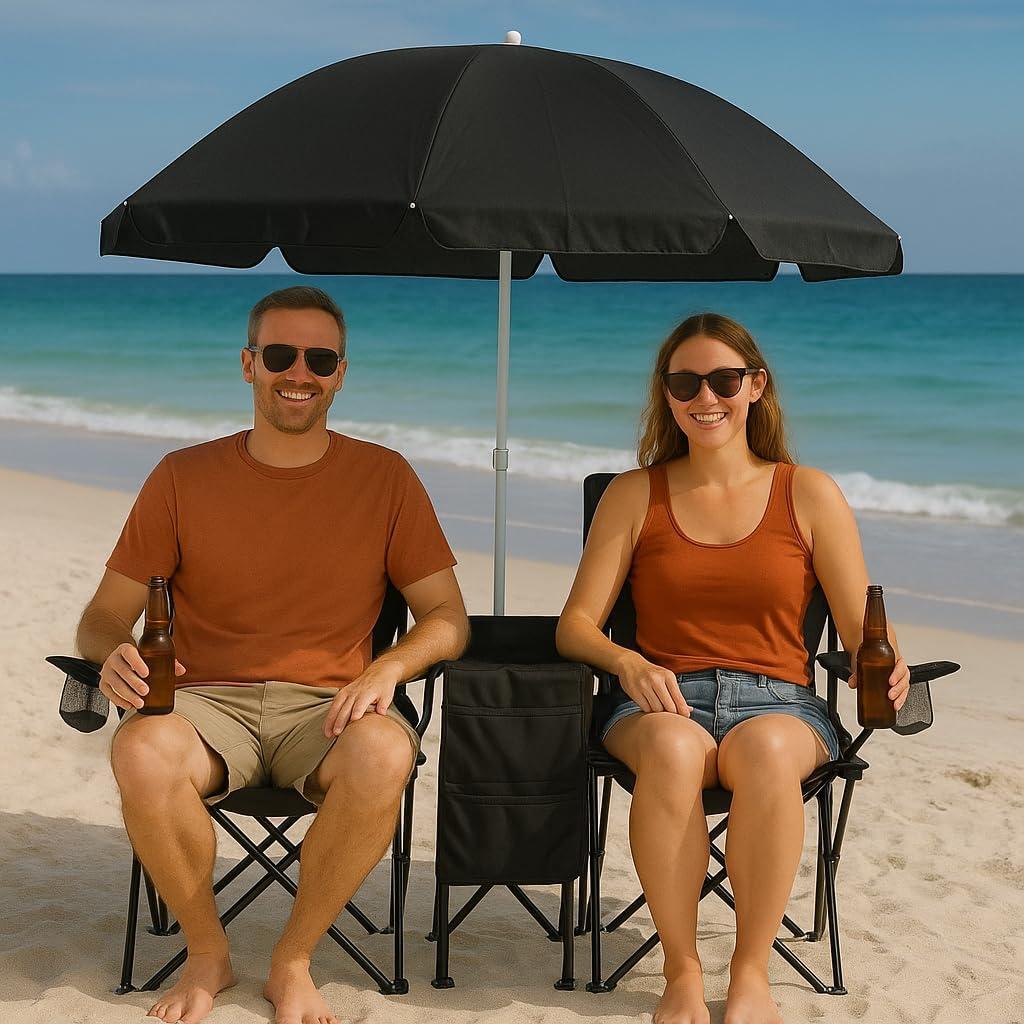 GoTeam Portable Double Folding Chair w/Removable Umbrella, Cooler Bag and Carry Case - Black