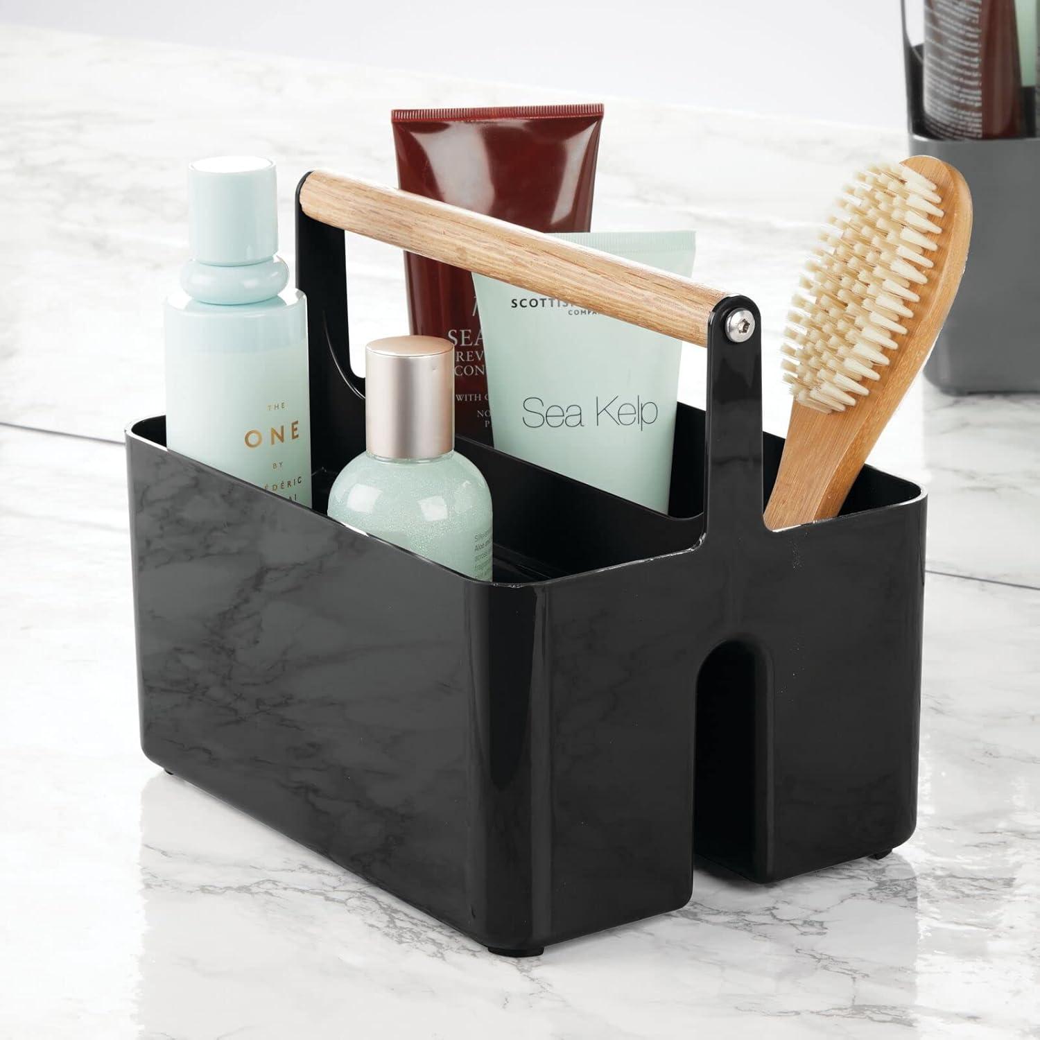 mDesign Plastic Portable Shower Caddy Divided Basket Bin Storage Organizer with Bamboo Handle for Bathroom, Dorm, Shelf & Cabinet Holds Shampoo, Conditioner - Aura Collection, Black/Natural