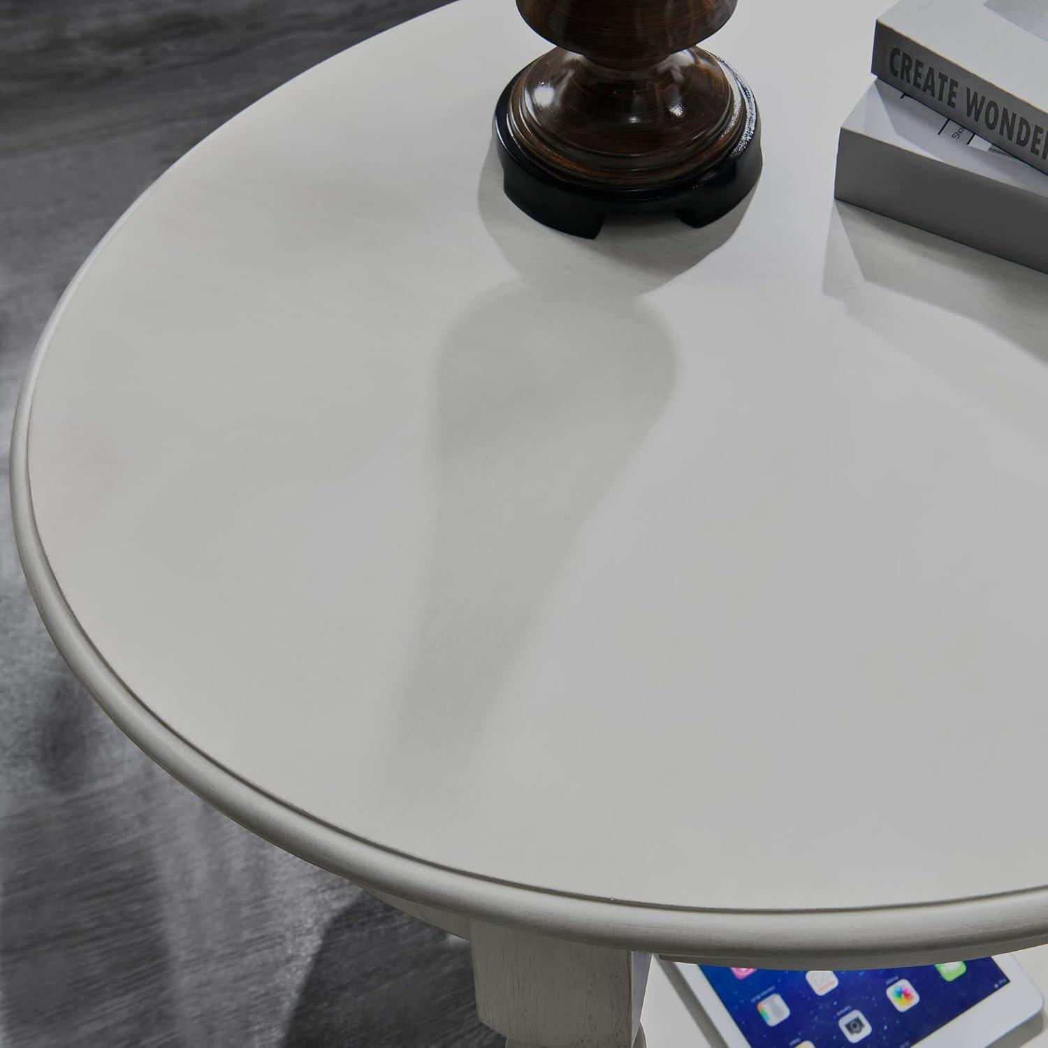 Solid Wood Oval End Table Sofa Table with Drawer and Storage Shelf Antique White - End Table