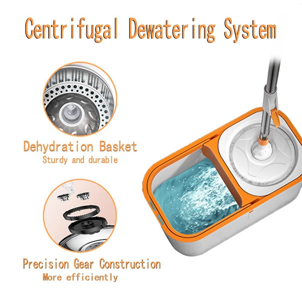 Spin Mop Bucket with Wringer System Extended Mop Handle 61＂Mop and Bucket for Floors Cleaning with 5 Replacement Head Refill 1 Cleaning Brush Head