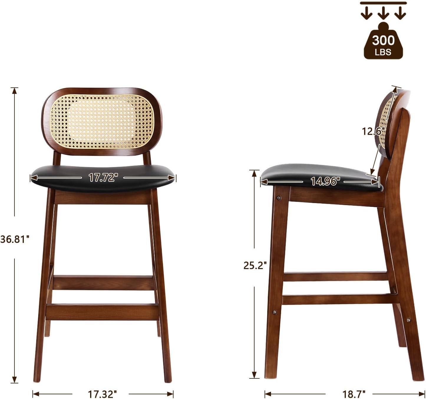 Lucky Monet Wood Upholstered Counter Height Bar Stools with Rattan Back - 36.81"H x 17.72"W x 18.7"D Set of 2 - White Faux Leather/ Brown Frame