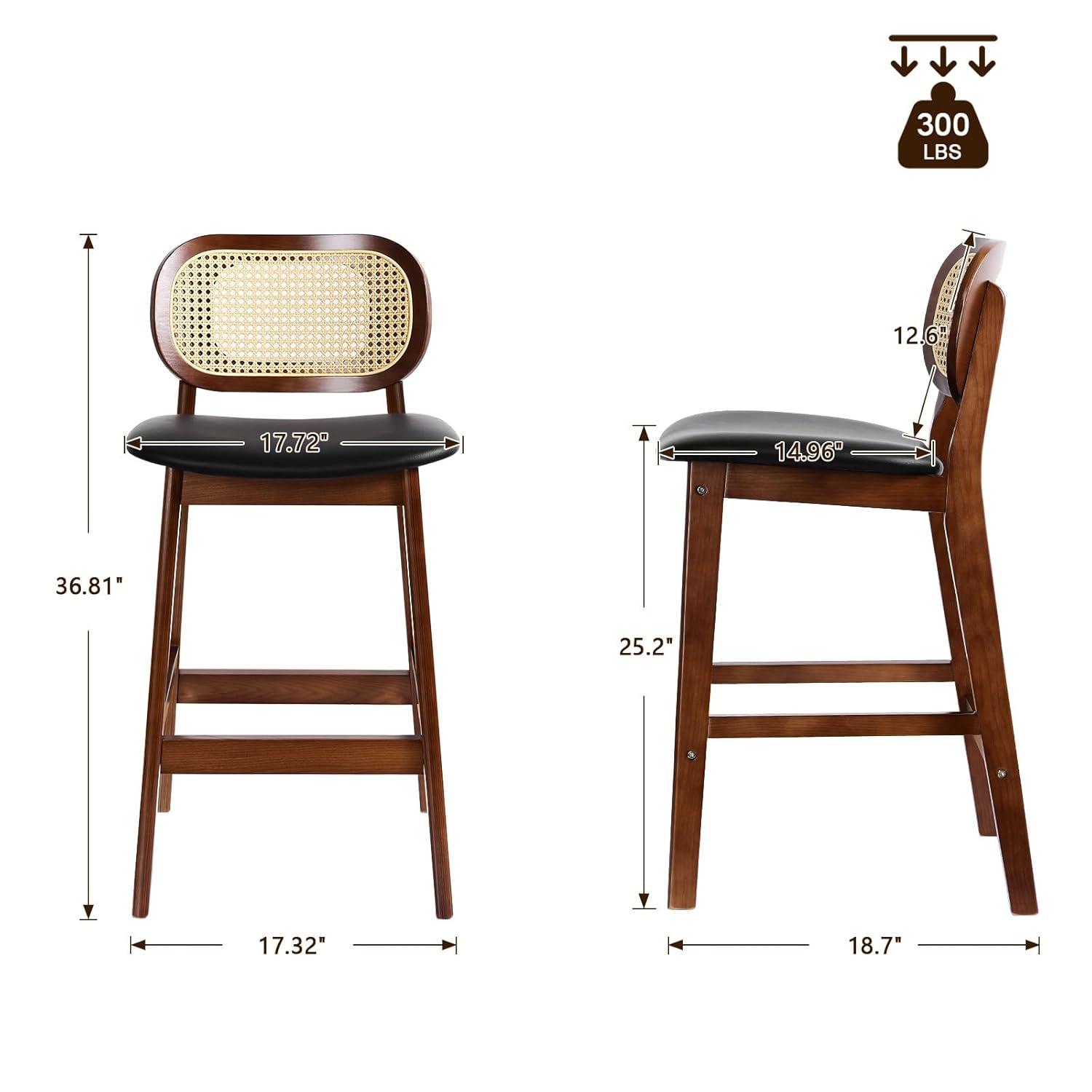 Lucky Monet Wood Upholstered Counter Height Bar Stools with Rattan Back - 36.81"H x 17.72"W x 18.7"D Set of 2 - White Faux Leather/ Brown Frame