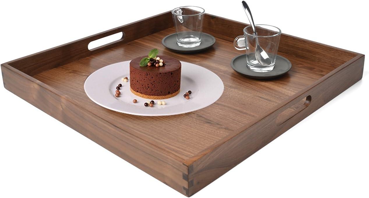 19 x 19 Inches Black Walnut Large Ottoman Tray Wooden Table Tray Square Solid Serving Tray with Handles Platter Decorative Tray for Oversized Ottoman Home Breakfast in Bed Tea Coffee