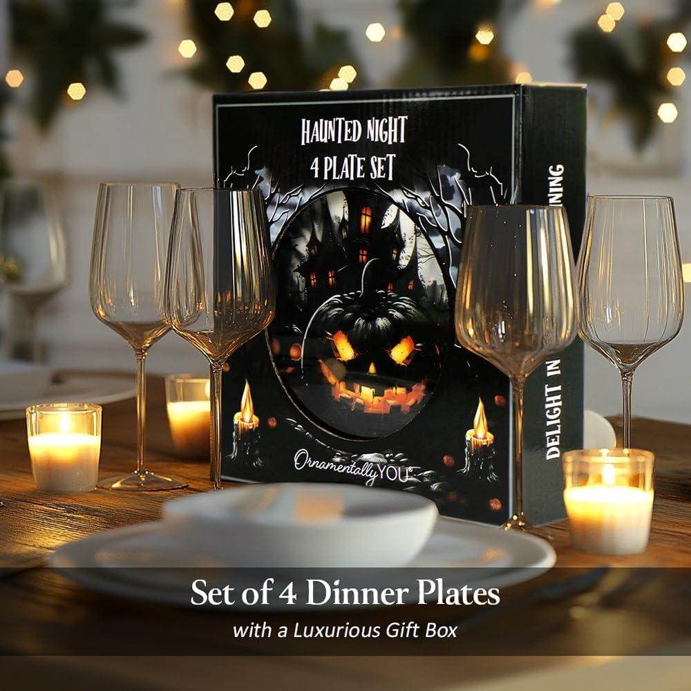 Haunted Night Set of 4 Plates, Black Halloween Tableware Collection for Salad, Dessert, Appetizer, and Side Plates| OrnamentallyYou