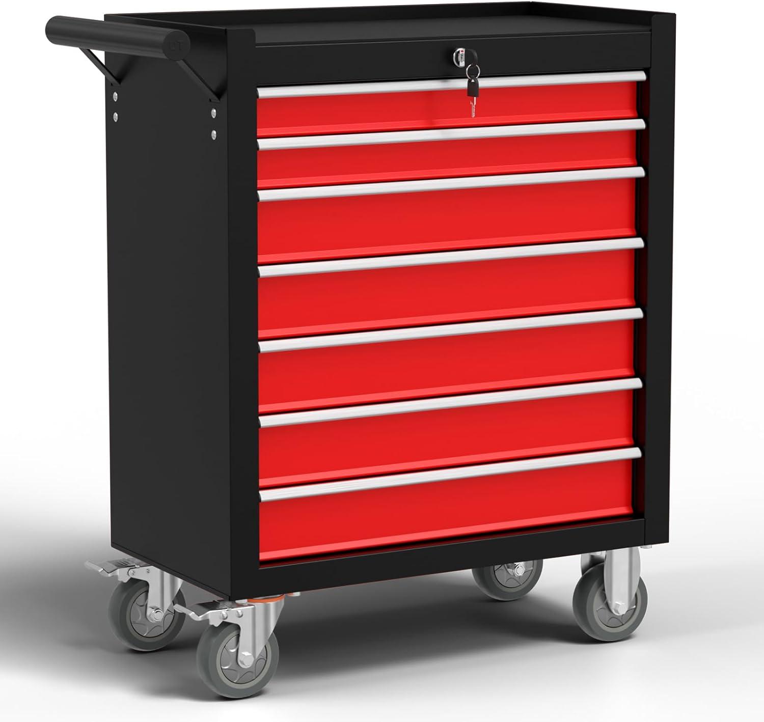 Black and Red 7-Drawer Rolling Metal Tool Chest with Lock