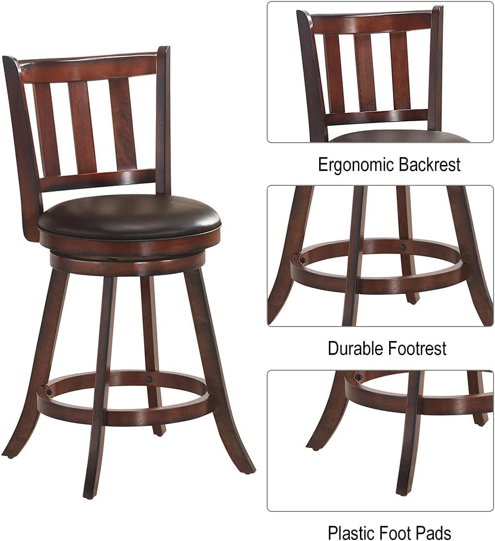 Brown Wood and Leather Swivel Bar Stools, 25'' Set of 2