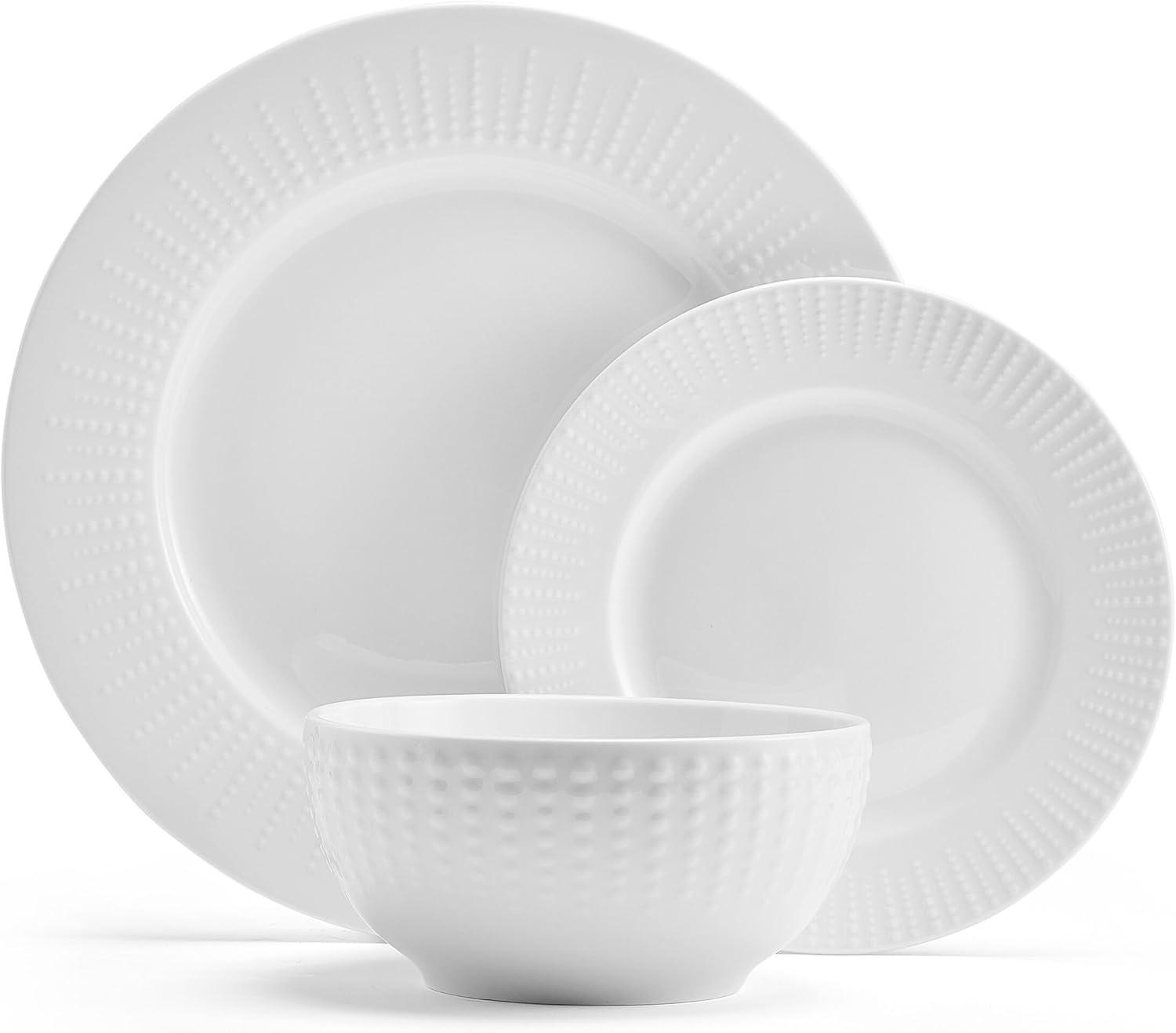 White Embossed Porcelain 12-Piece Dinnerware Set, Service for 4