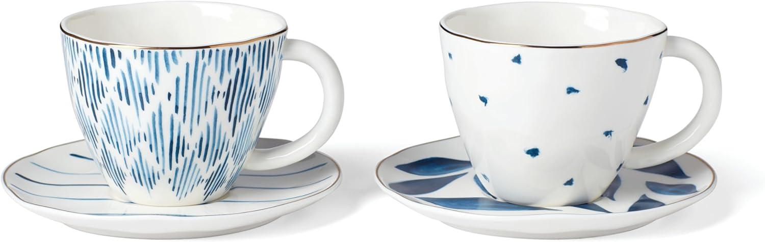 Blue Ceramic Teacup and Saucer Set, 4 Pieces