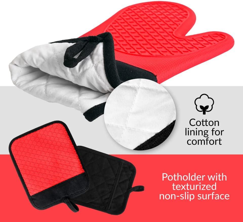 Ecoberi Silicone Oven Mitts and Pot Holder Set, Heat Resistant, Cook, Bake, BBQ, Pack of 3 Red