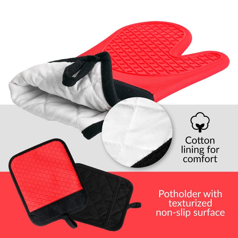 Ecoberi Red Silicone Oven Mitts and Pot Holder Set, 3 Count